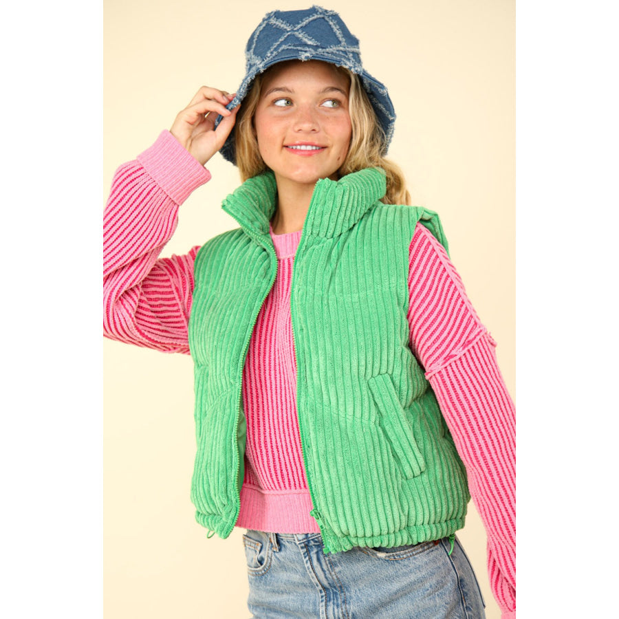 VERY J Zip Up Padded Corduroy Puffer Vest Green / S Apparel and Accessories