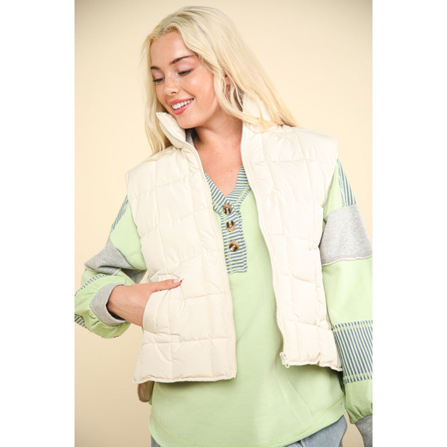 VERY J Zip Up Puffer Padded Warm Vest Ivory / S Apparel and Accessories