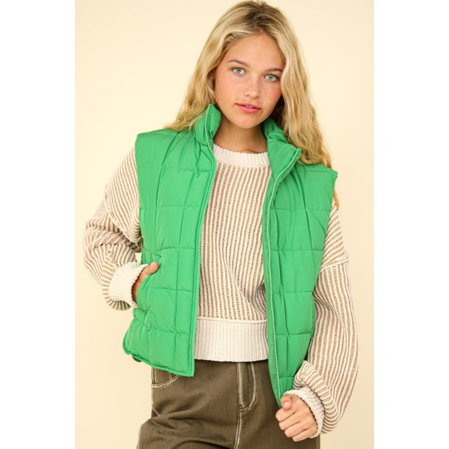 VERY J Zip Up Puffer Padded Warm Vest Kelly Green / S Apparel and Accessories