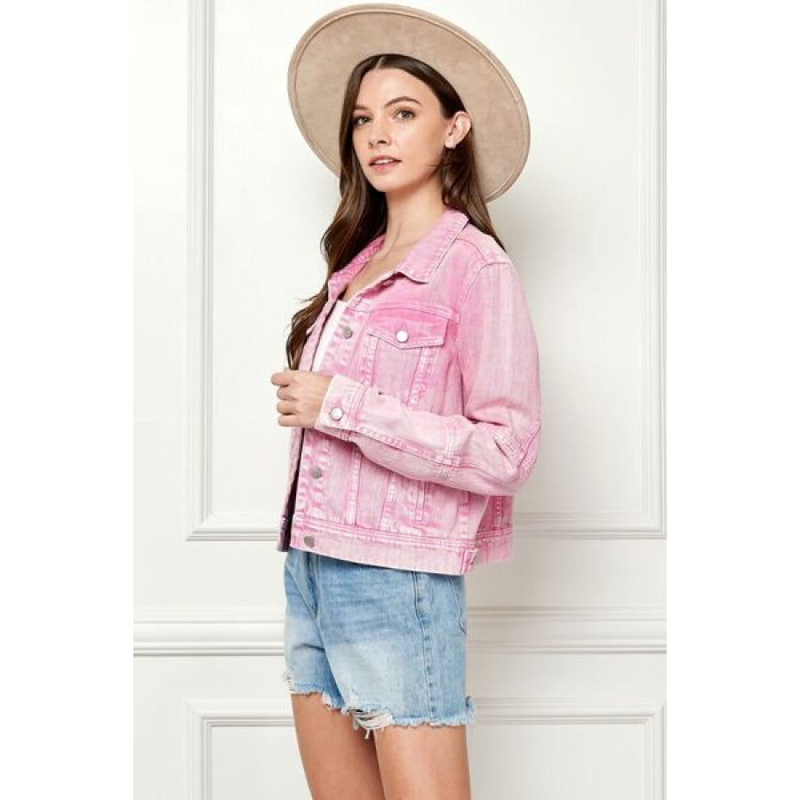 Veveret Button Up Cropped Denim Jacket Apparel and Accessories