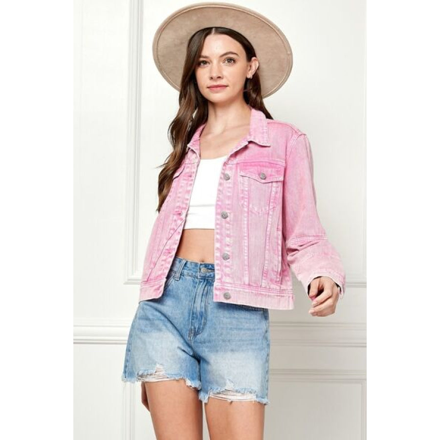 Veveret Button Up Cropped Denim Jacket Apparel and Accessories