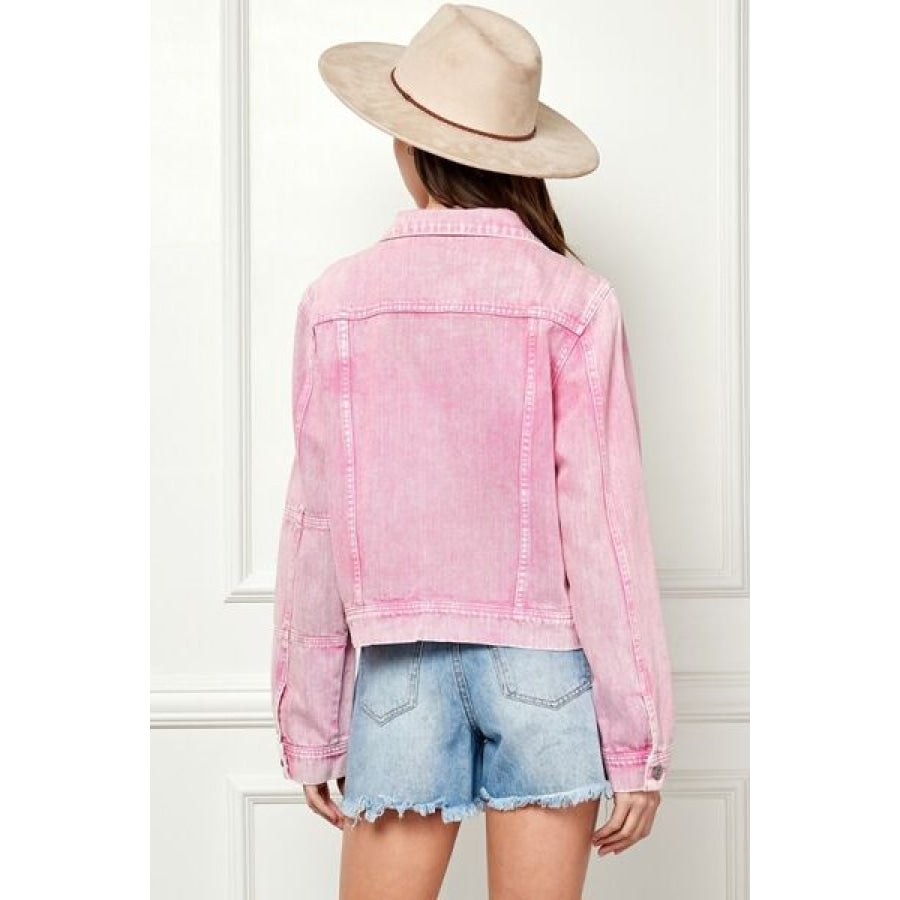 Veveret Button Up Cropped Denim Jacket PINK / S Apparel and Accessories