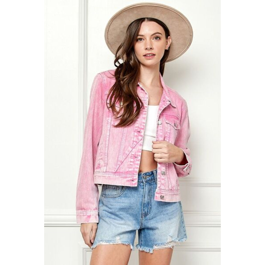 Veveret Button Up Cropped Denim Jacket PINK / S Apparel and Accessories