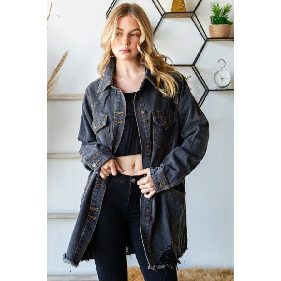 Veveret Button Up Distressed Frayed Hem Denim Jacket Apparel and Accessories