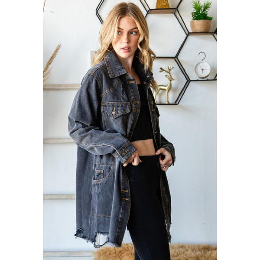 Veveret Button Up Distressed Frayed Hem Denim Jacket Apparel and Accessories