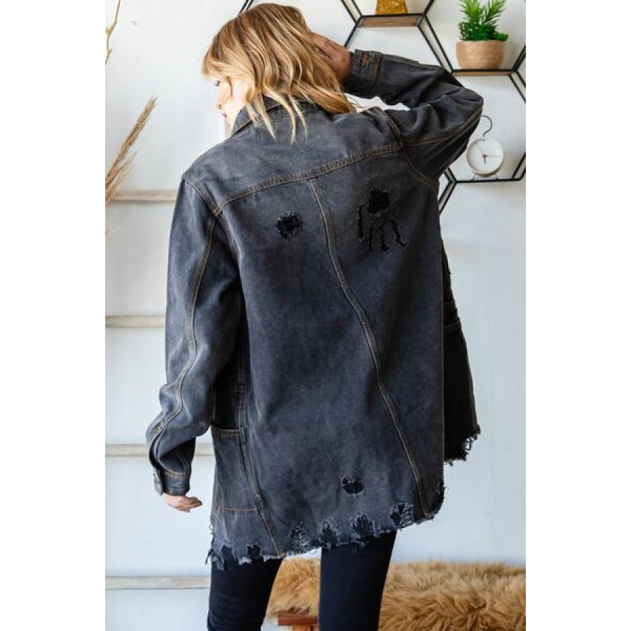 Veveret Button Up Distressed Frayed Hem Denim Jacket Apparel and Accessories