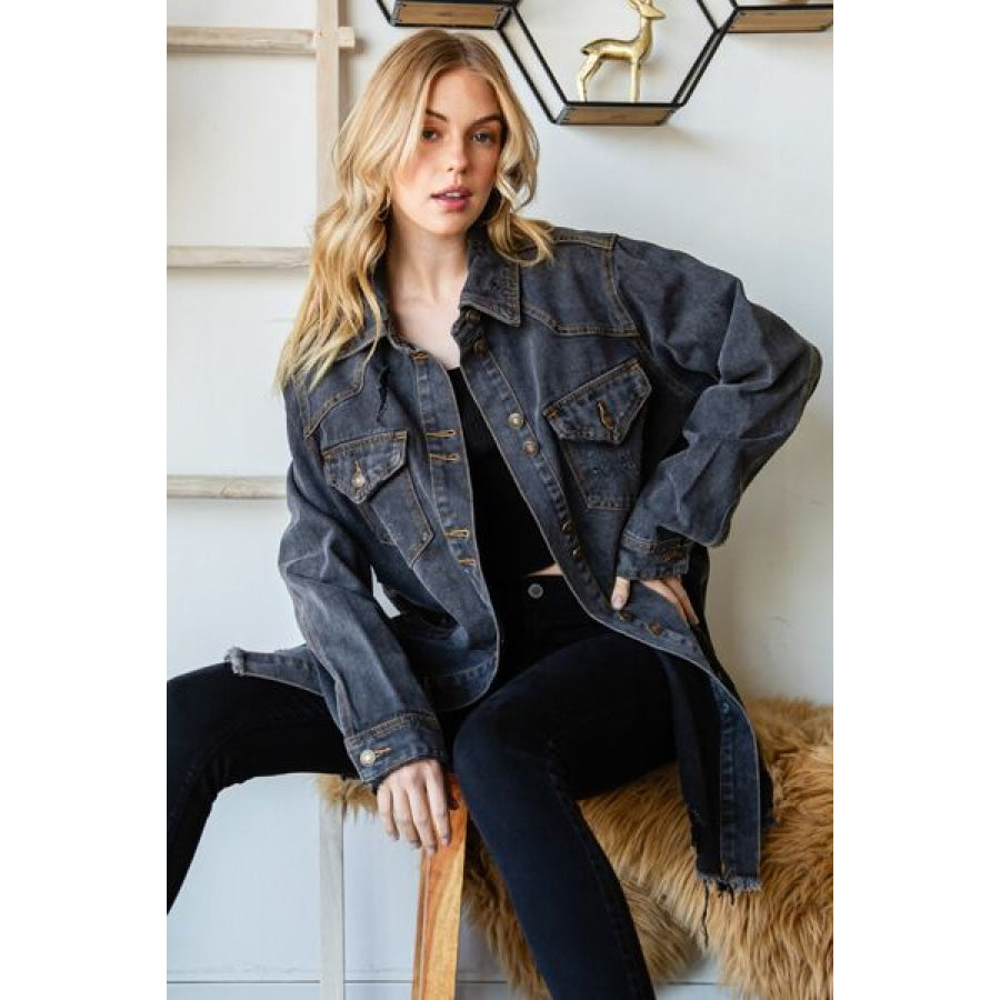 Veveret Button Up Distressed Frayed Hem Denim Jacket BLACKWASH / S Apparel and Accessories