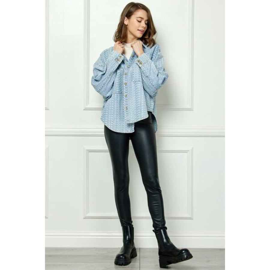 Veveret Button Up Dropped Shoulder Denim Top Apparel and Accessories