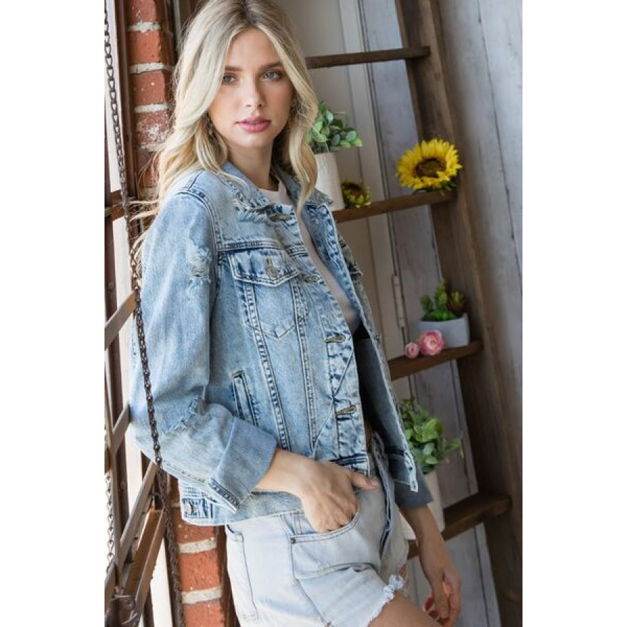 Veveret Distressed Button Up Denim Jacket Apparel and Accessories