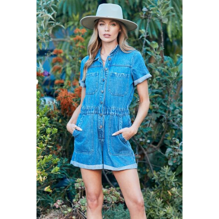 Veveret Elastic Waistband Denim Romper Apparel and Accessories