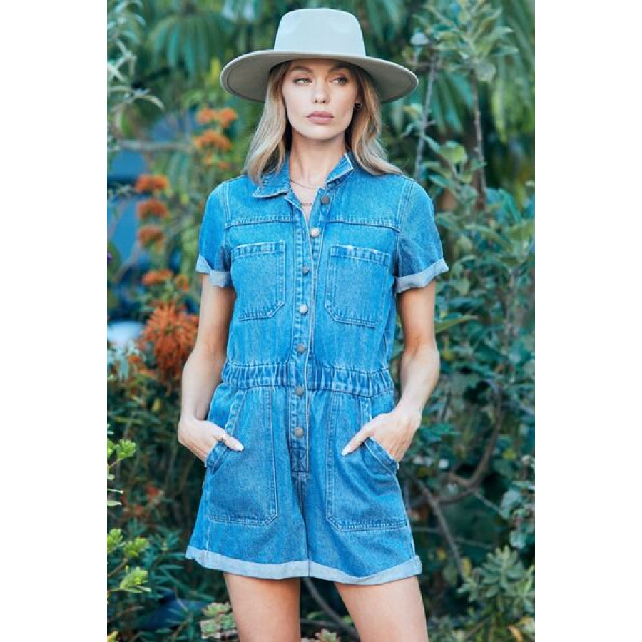 Veveret Elastic Waistband Denim Romper Apparel and Accessories