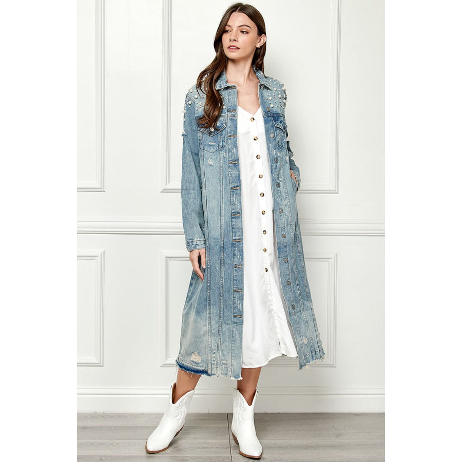 Veveret Full Size Distressed Raw Hem Pearl Detail Button Up Jacket Apparel and Accessories