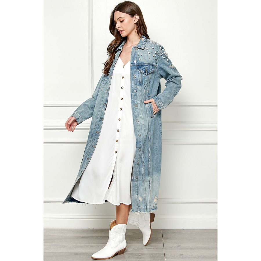 Veveret Full Size Distressed Raw Hem Pearl Detail Button Up Jacket Apparel and Accessories