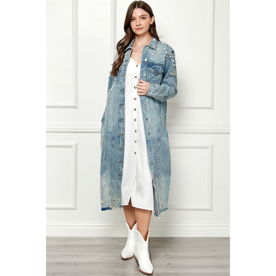 Veveret Full Size Distressed Raw Hem Pearl Detail Button Up Jacket Apparel and Accessories