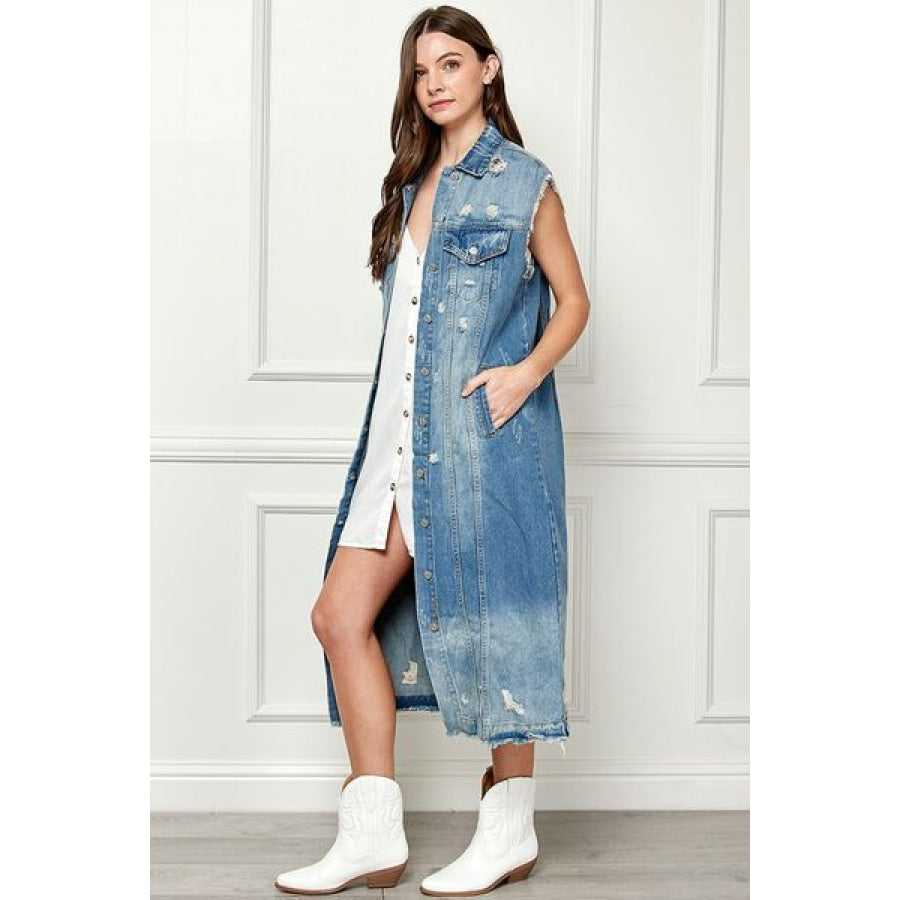 Veveret Full Size Distressed Sleeveless Longline Denim Jacket Apparel and Accessories