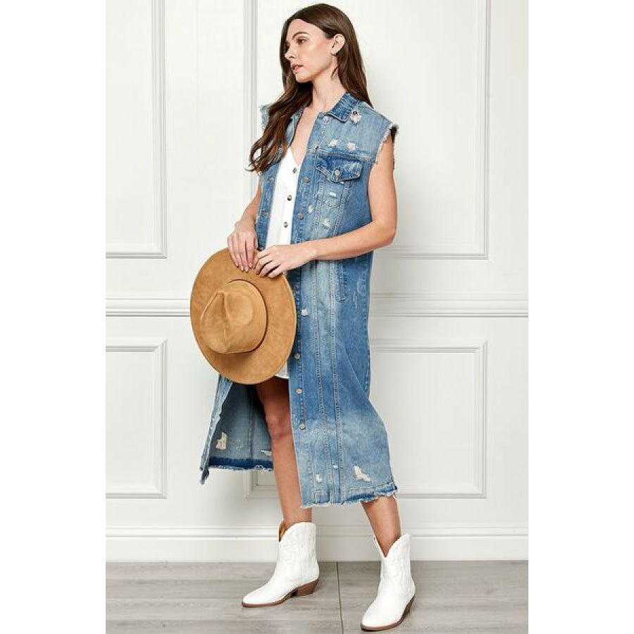 Veveret Full Size Distressed Sleeveless Longline Denim Jacket Apparel and Accessories