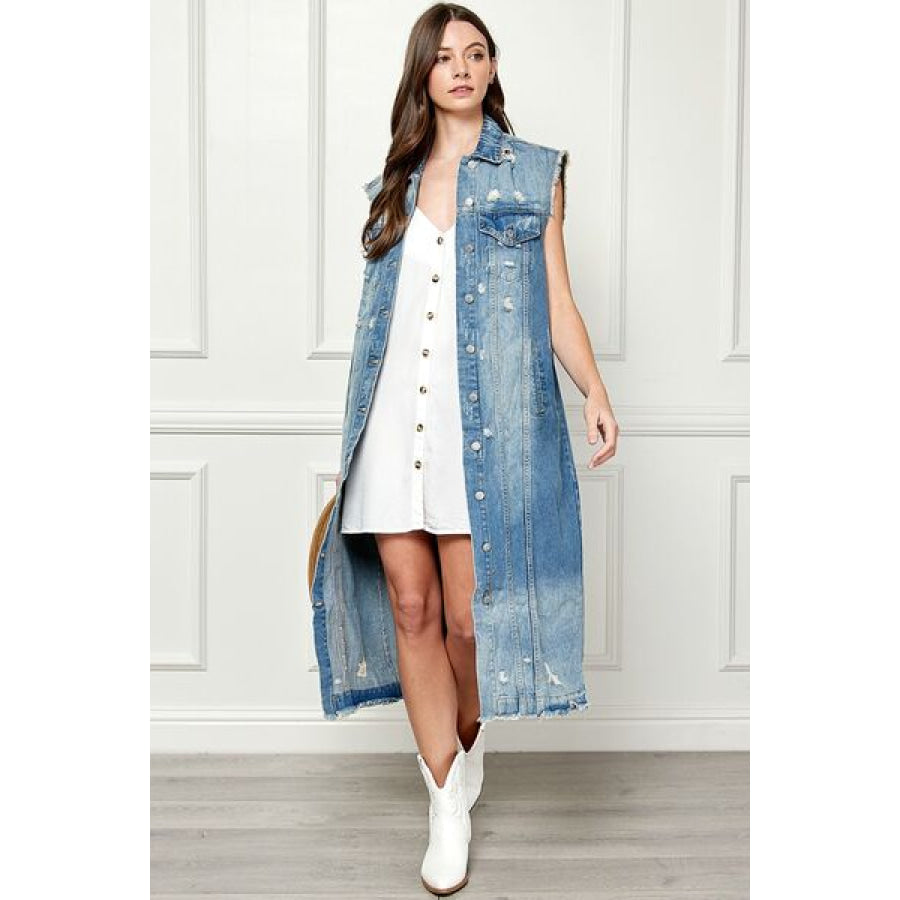 Veveret Full Size Distressed Sleeveless Longline Denim Jacket Apparel and Accessories