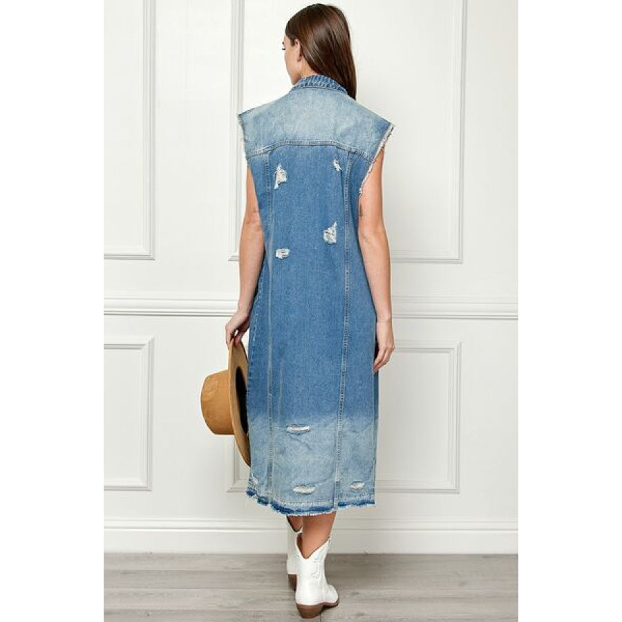 Veveret Full Size Distressed Sleeveless Longline Denim Jacket Apparel and Accessories