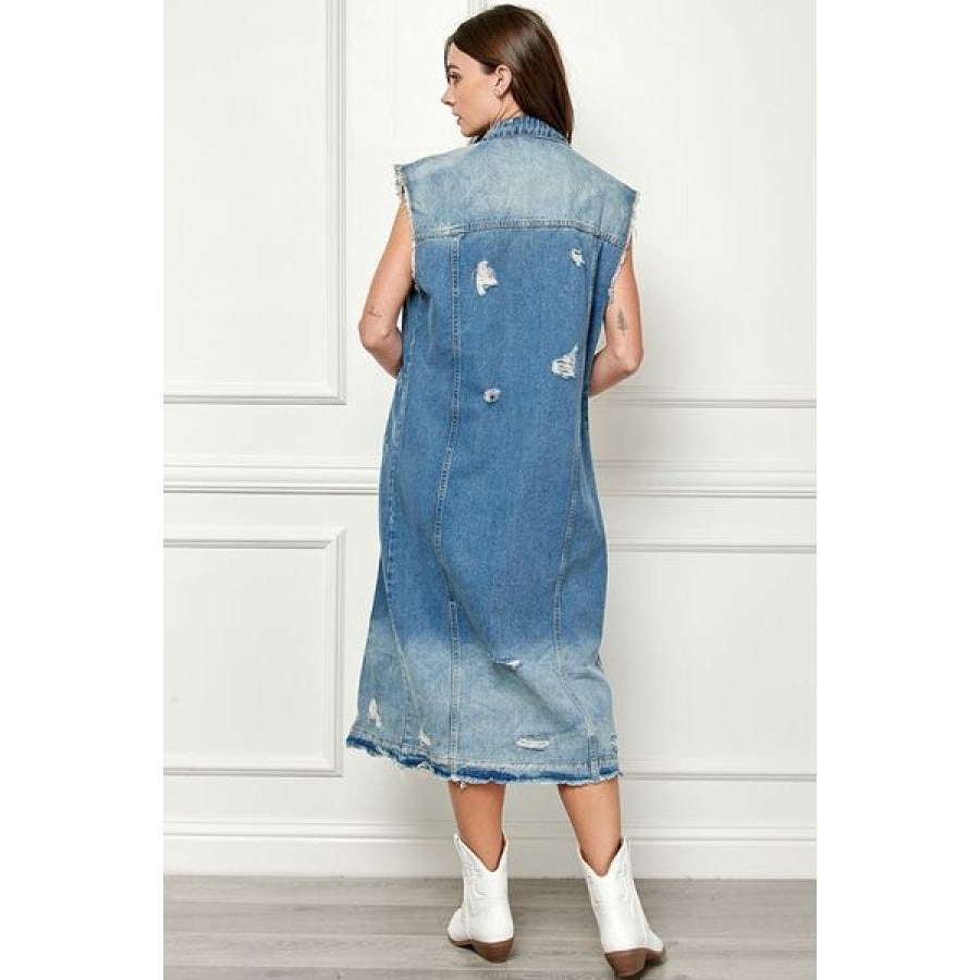 Veveret Full Size Distressed Sleeveless Longline Denim Jacket Apparel and Accessories