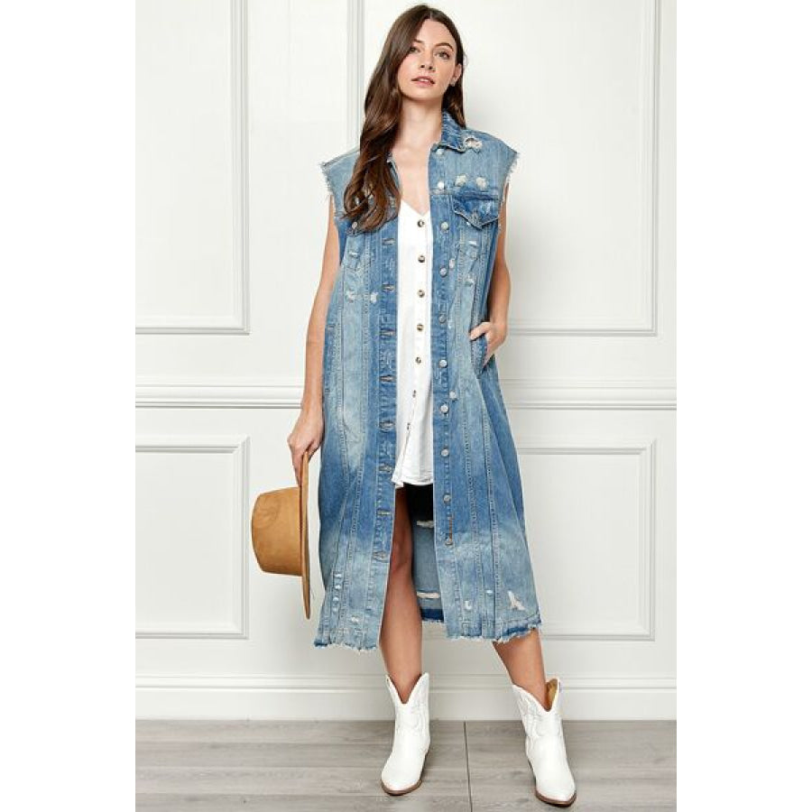 Veveret Full Size Distressed Sleeveless Longline Denim Jacket MEDWASH / S Apparel and Accessories