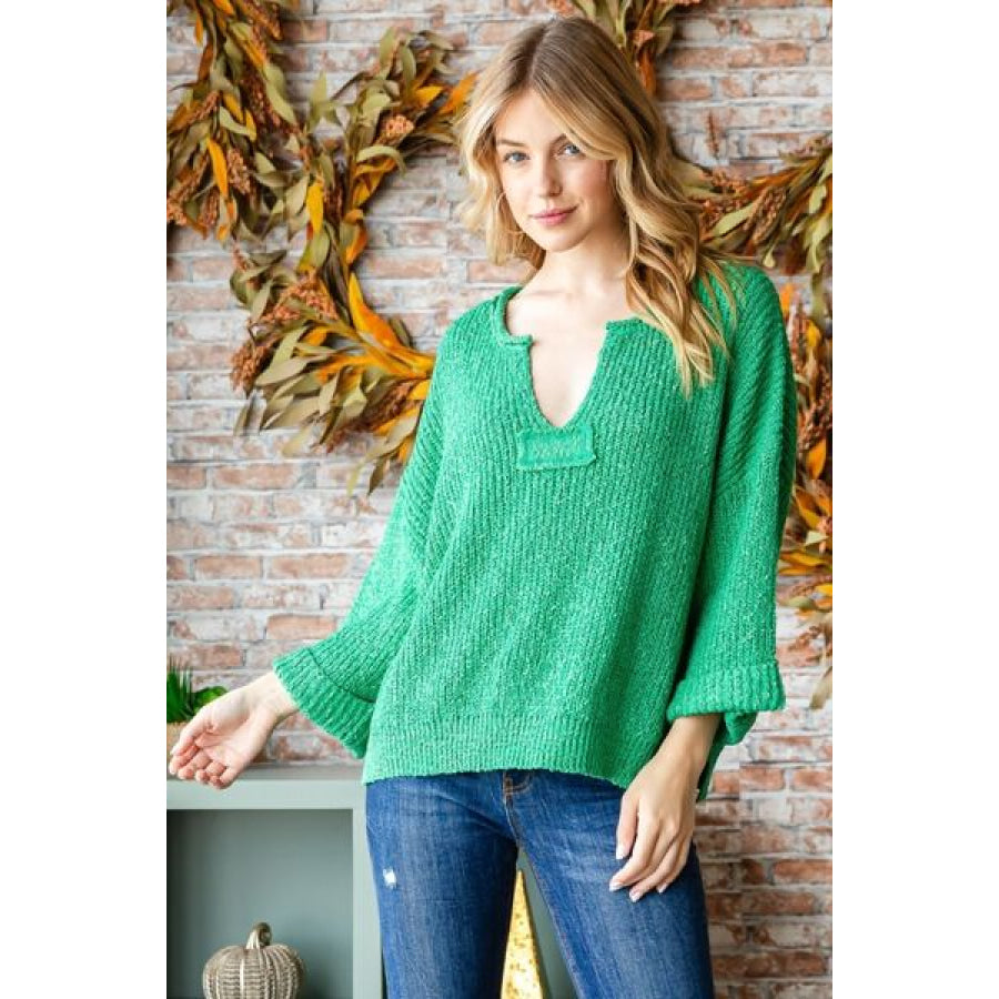 Veveret Notched Long Sleeve Sweater Apparel and Accessories