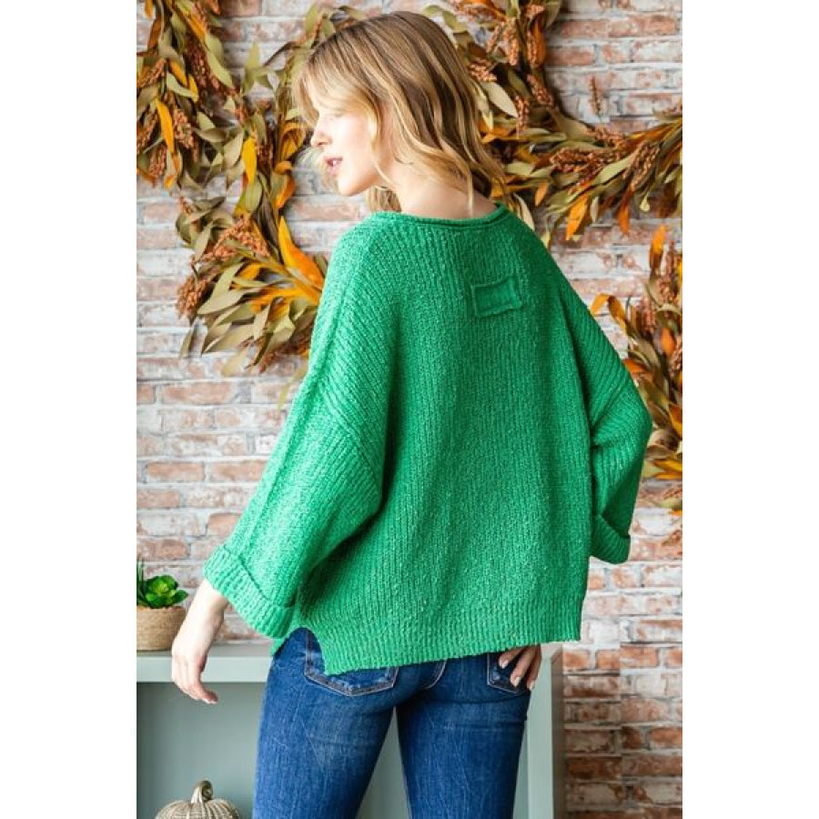 Veveret Notched Long Sleeve Sweater Apparel and Accessories