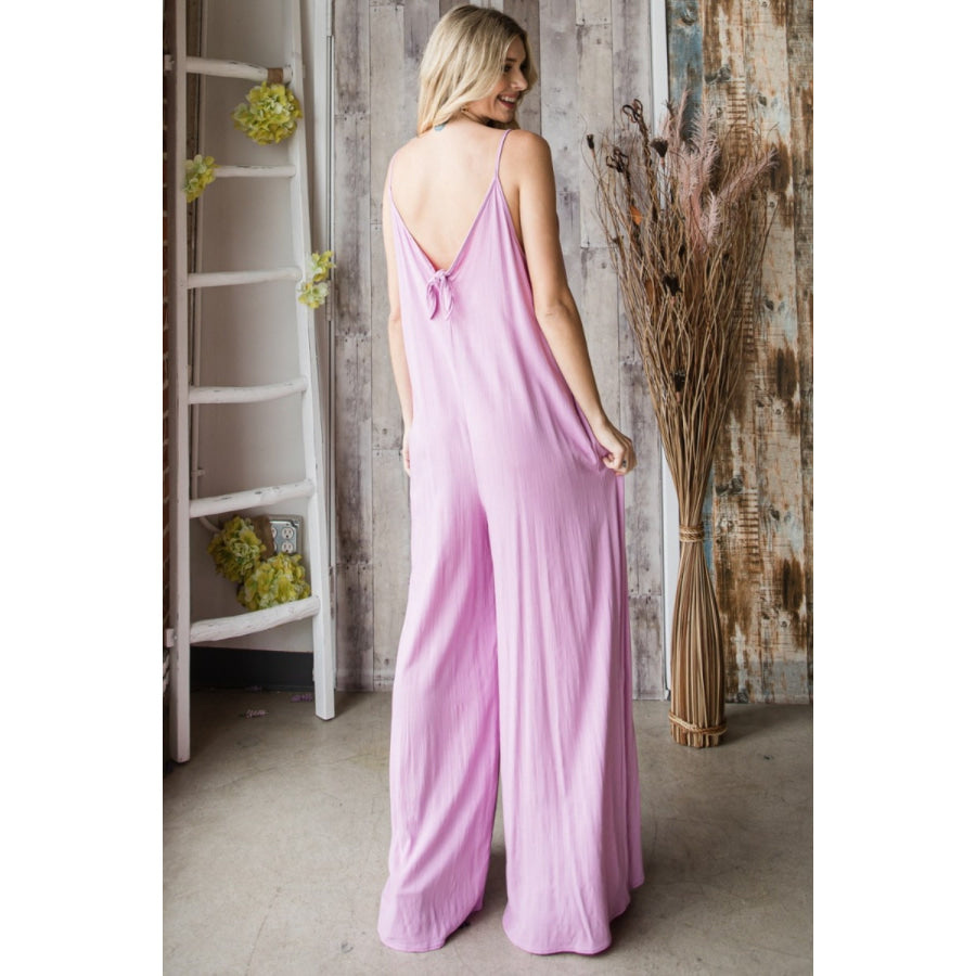 Veveret Pocketed Spaghetti Strap V-Neck Wide Leg Jumpsuit LAVENDER / S Apparel and Accessories