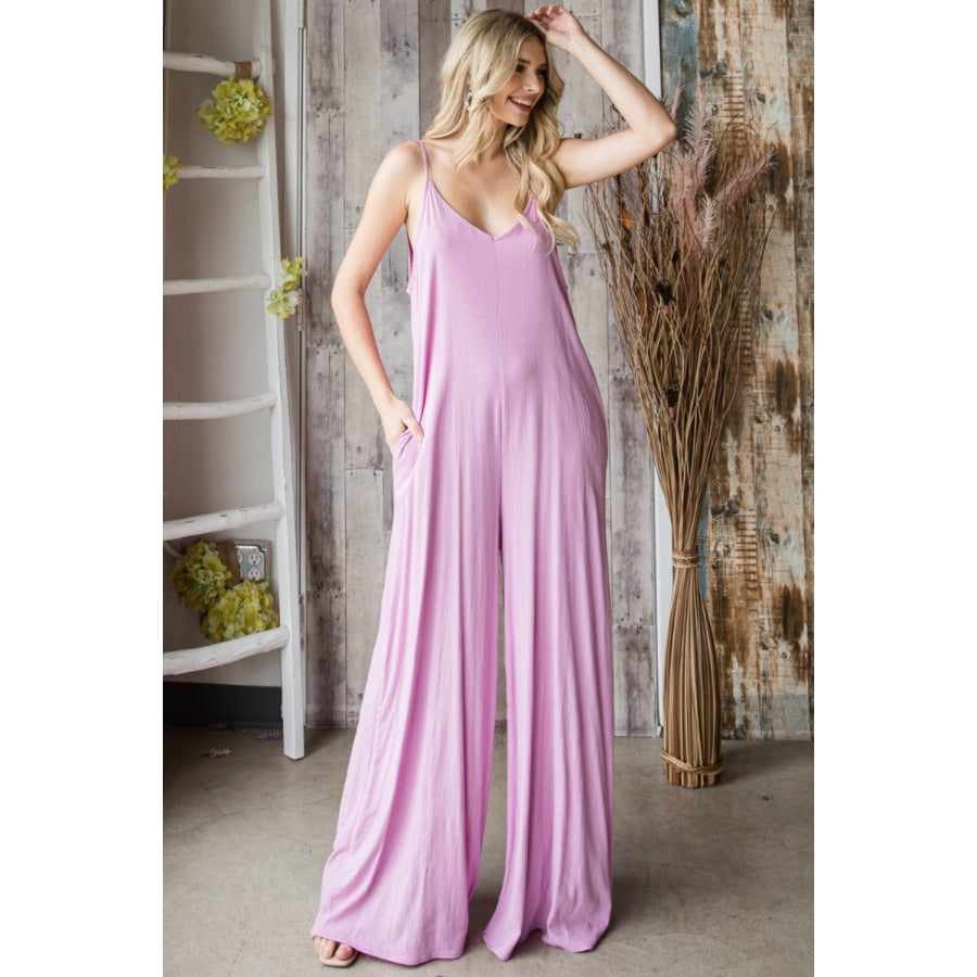 Veveret Pocketed Spaghetti Strap V-Neck Wide Leg Jumpsuit LAVENDER / S Apparel and Accessories