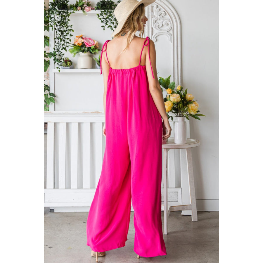 Veveret Pocketed Spaghetti Strap Wide Leg Jumpsuit FUCHSIA / S Apparel and Accessories