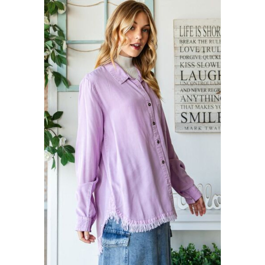 Veveret Raw Hem Button Up Long Sleeve Shirt Apparel and Accessories