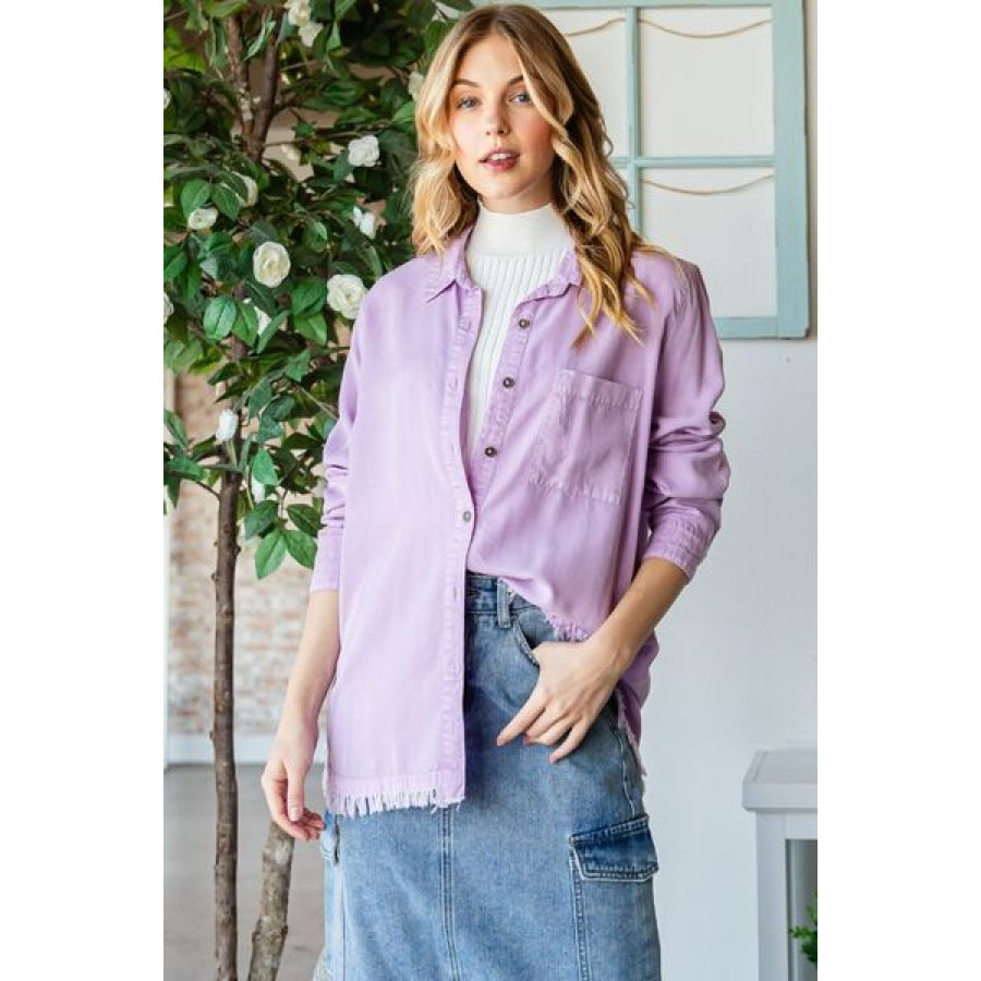 Veveret Raw Hem Button Up Long Sleeve Shirt LAVENDER / S Apparel and Accessories