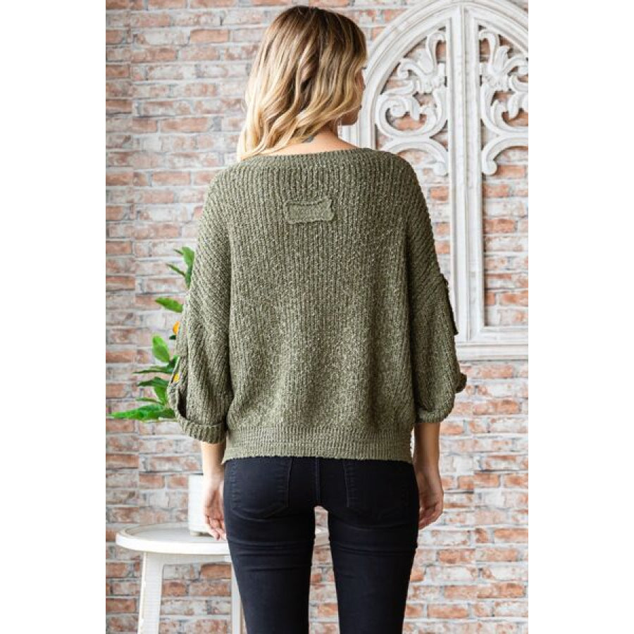 Veveret Round Neck Roll - Up Sweater OLIVE / S Apparel and Accessories