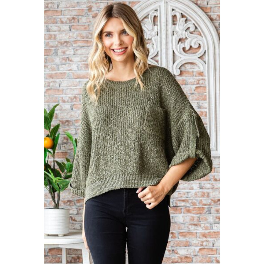 Veveret Round Neck Roll - Up Sweater OLIVE / S Apparel and Accessories