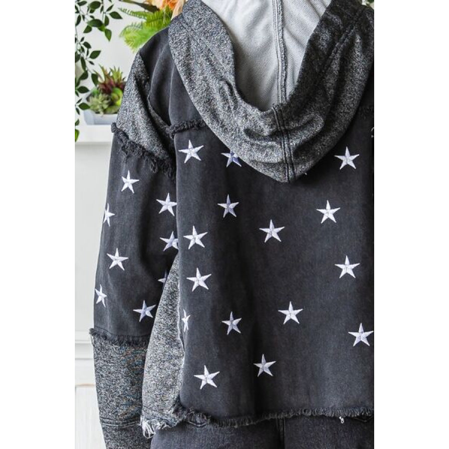 Veveret Star Embroidered Hooded Denim Jacket Apparel and Accessories