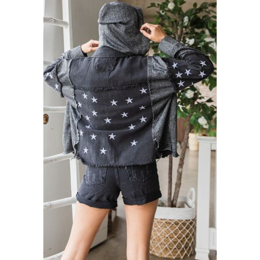 Veveret Star Embroidered Hooded Denim Jacket Apparel and Accessories