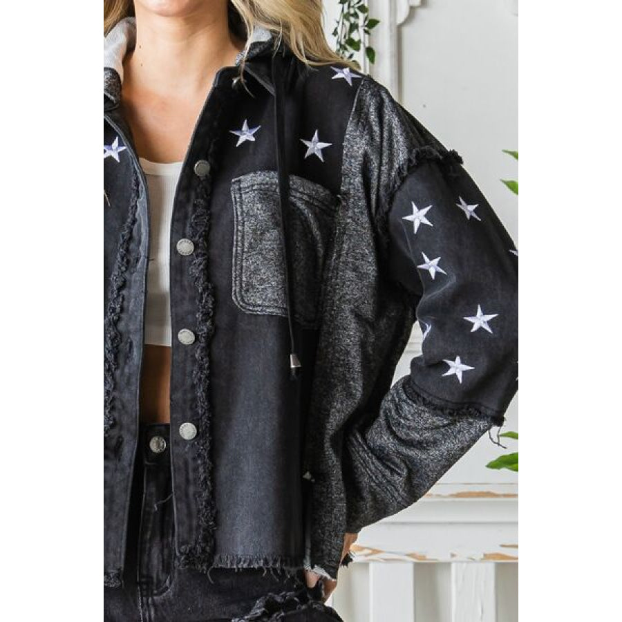 Veveret Star Embroidered Hooded Denim Jacket Apparel and Accessories