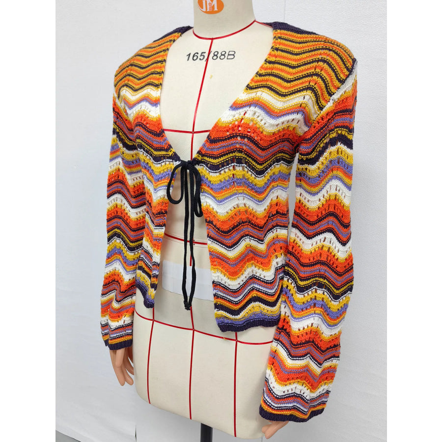 Vibrant Chevron Striped Tie-Front Knit Cardigan Apparel and Accessories
