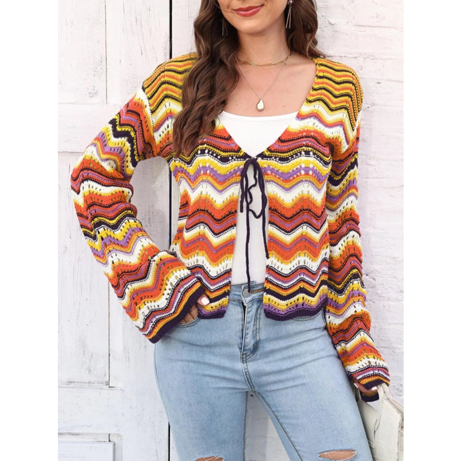 Vibrant Chevron Striped Tie-Front Knit Cardigan Apparel and Accessories