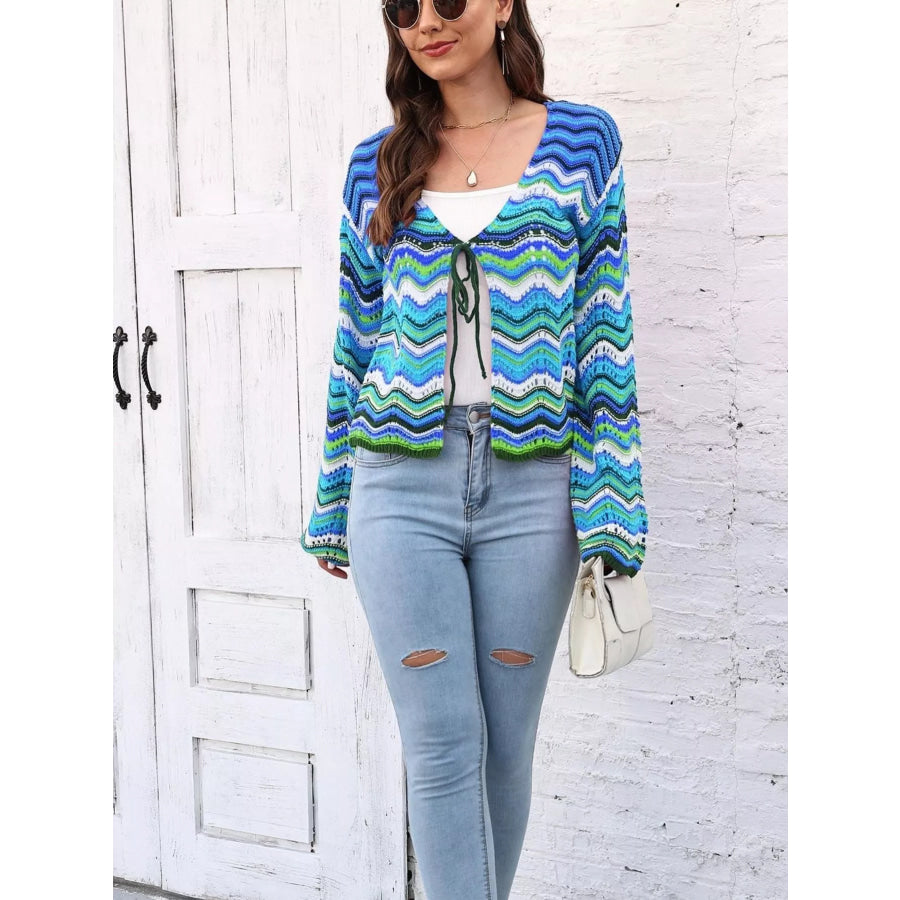 Vibrant Chevron Striped Tie-Front Knit Cardigan Apparel and Accessories