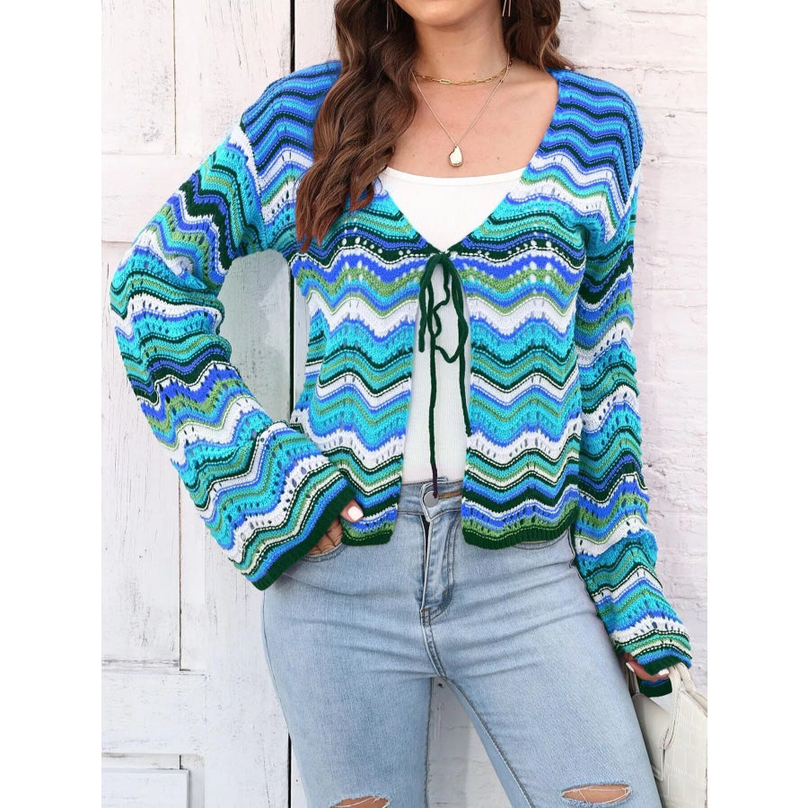 Vibrant Chevron Striped Tie-Front Knit Cardigan Apparel and Accessories