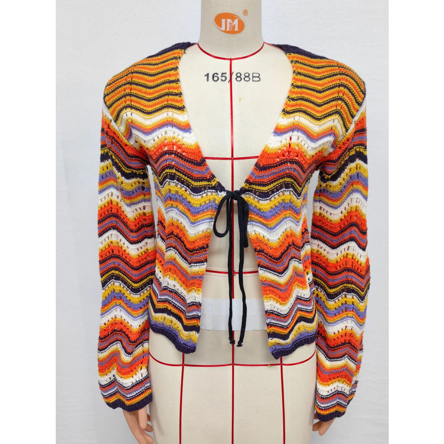 Vibrant Chevron Striped Tie-Front Knit Cardigan Apparel and Accessories