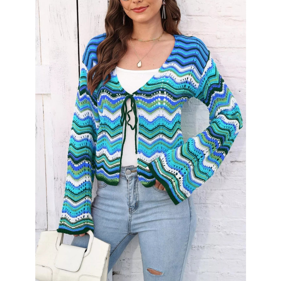 Vibrant Chevron Striped Tie-Front Knit Cardigan Apparel and Accessories