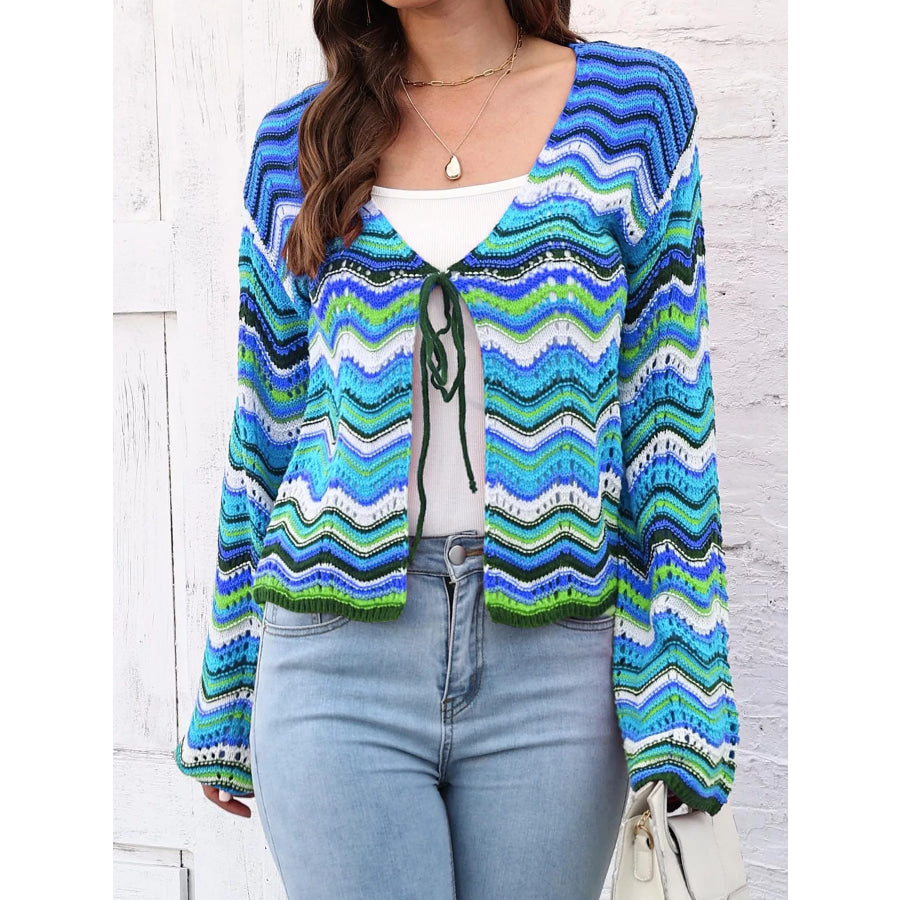 Vibrant Chevron Striped Tie-Front Knit Cardigan Light Blue / S Apparel and Accessories