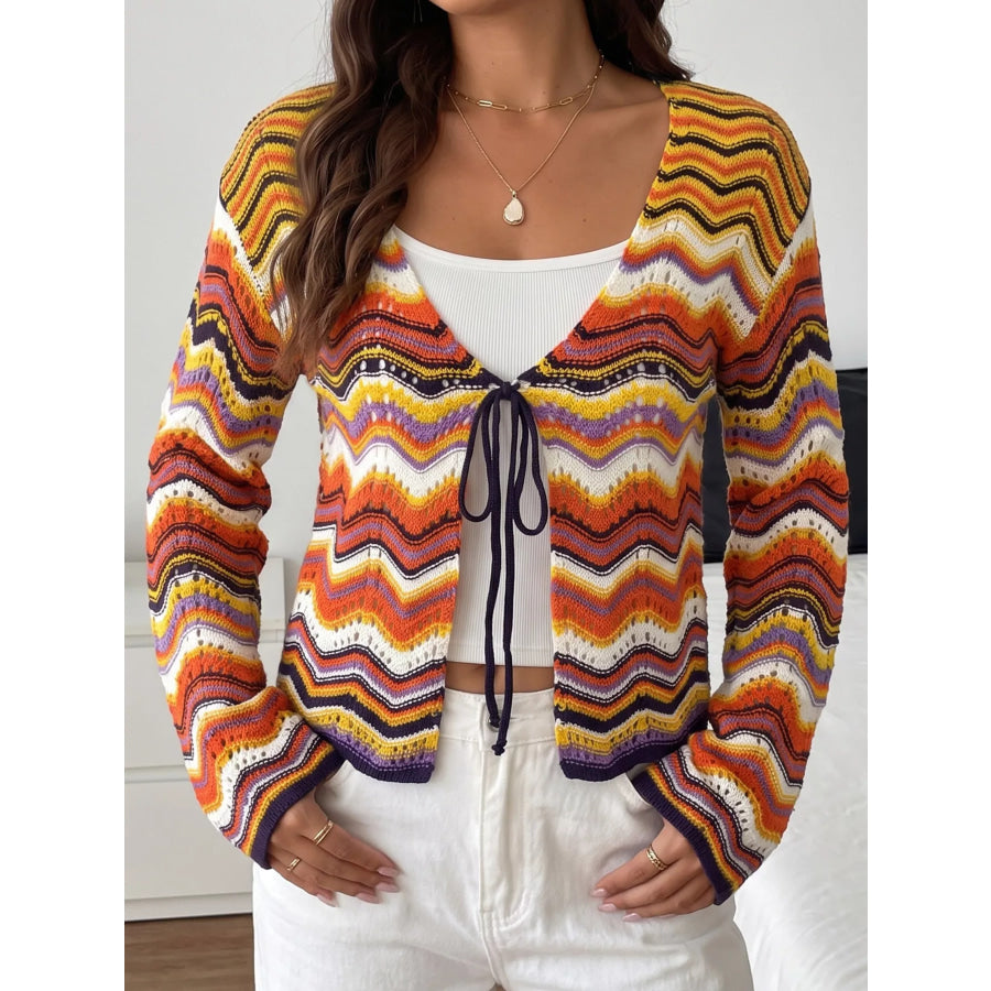 Vibrant Chevron Striped Tie-Front Knit Cardigan Sherbet / S Apparel and Accessories