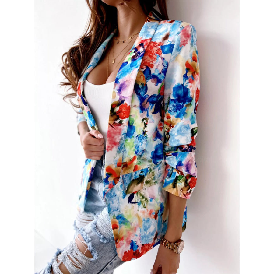 Vibrant Floral Print Open Front Blazer Blue / S Apparel and Accessories