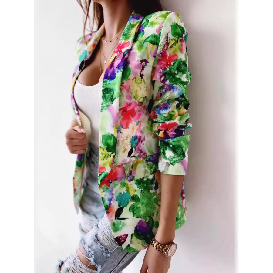 Vibrant Floral Print Open Front Blazer Green / S Apparel and Accessories