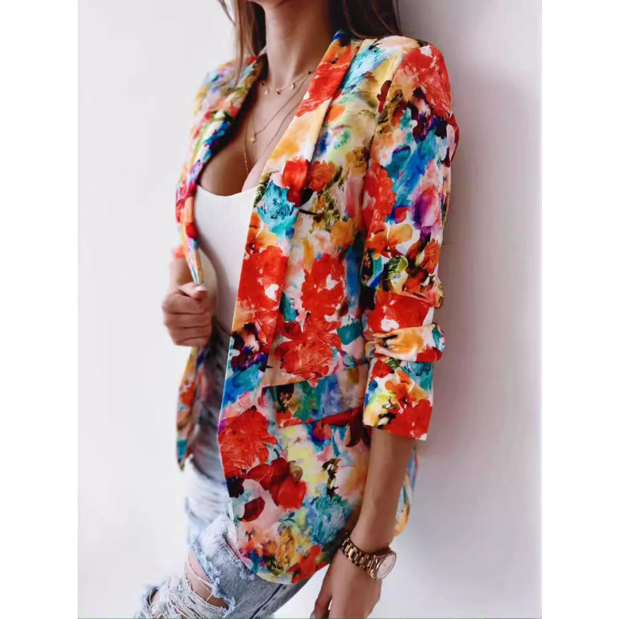 Vibrant Floral Print Open Front Blazer Orange Red / S Apparel and Accessories