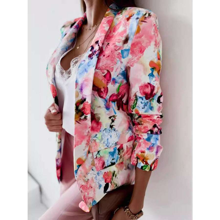 Vibrant Floral Print Open Front Blazer Pink / S Apparel and Accessories