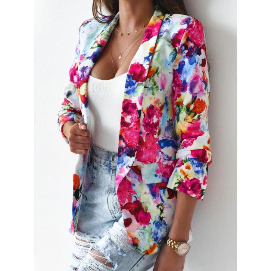 Vibrant Floral Print Open Front Blazer Red / S Apparel and Accessories