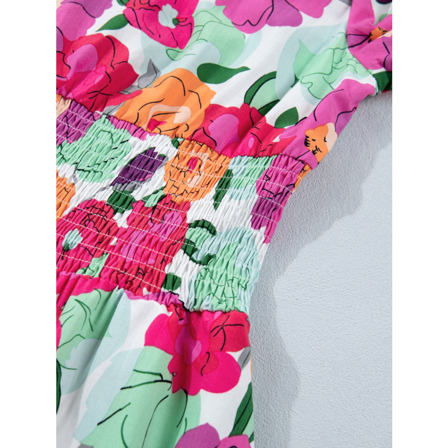 Vibrant Floral Print V Neck Zip Up Puffy Half Sleeve Dress Apparel and Accessories